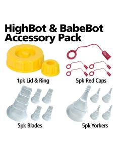 BABE BOT ACCESSORIES PACK. 1 X LID 1 X RING 5 X YORKER TIPS 5 X BLADE TIPS 5 X RED CAPS